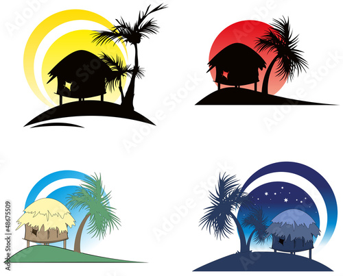 tropical huts with palm tree