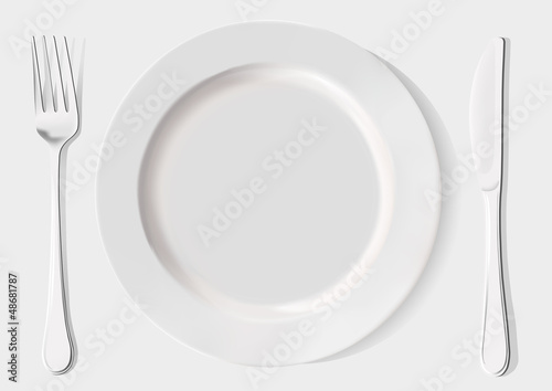 white plate, fork and knife on a white background