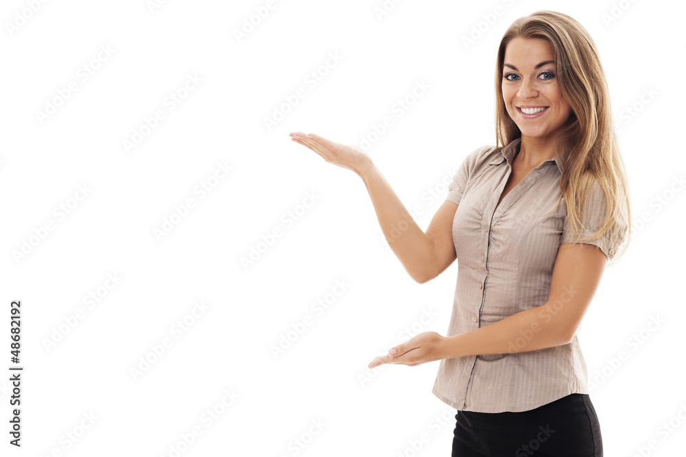 Successful businesswoman gesturing on white Successful businesswoman gesturing on white