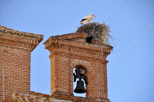 White stork on a belfry, Alcala de Henares, Madrid (Spain) photo