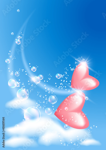 Hearts with bubbles in the sky
