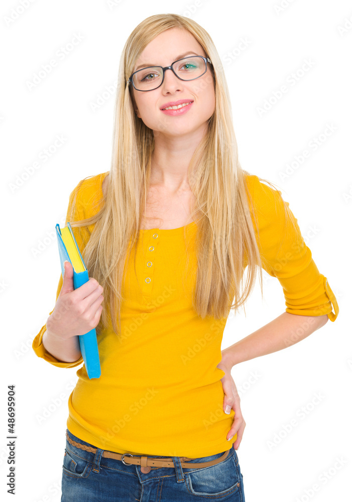 Portrait of happy student girl in glasses with book Portrait of happy student girl in glasses with book