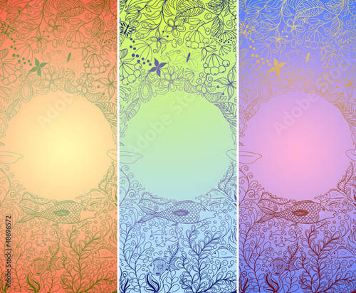 Set of underwater banners with doodle fishes and seaweeds