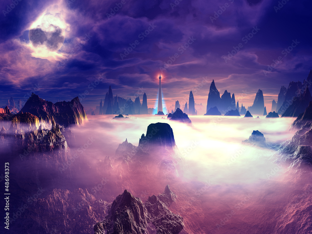 Naklejka premium Watchtower Set in Dense Fog on Hositle Planet