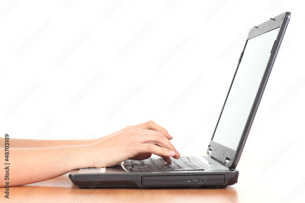 Beautiful woman hands typing on a laptop