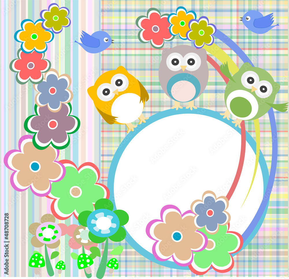 Naklejka premium Background with owl, flowers and birds