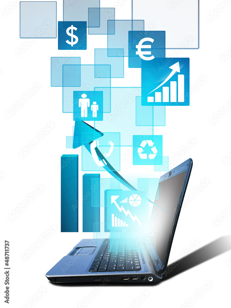 notebook and button graph blue a touch screen interface against