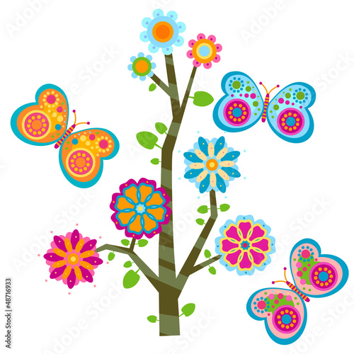 floral tree and butterflies