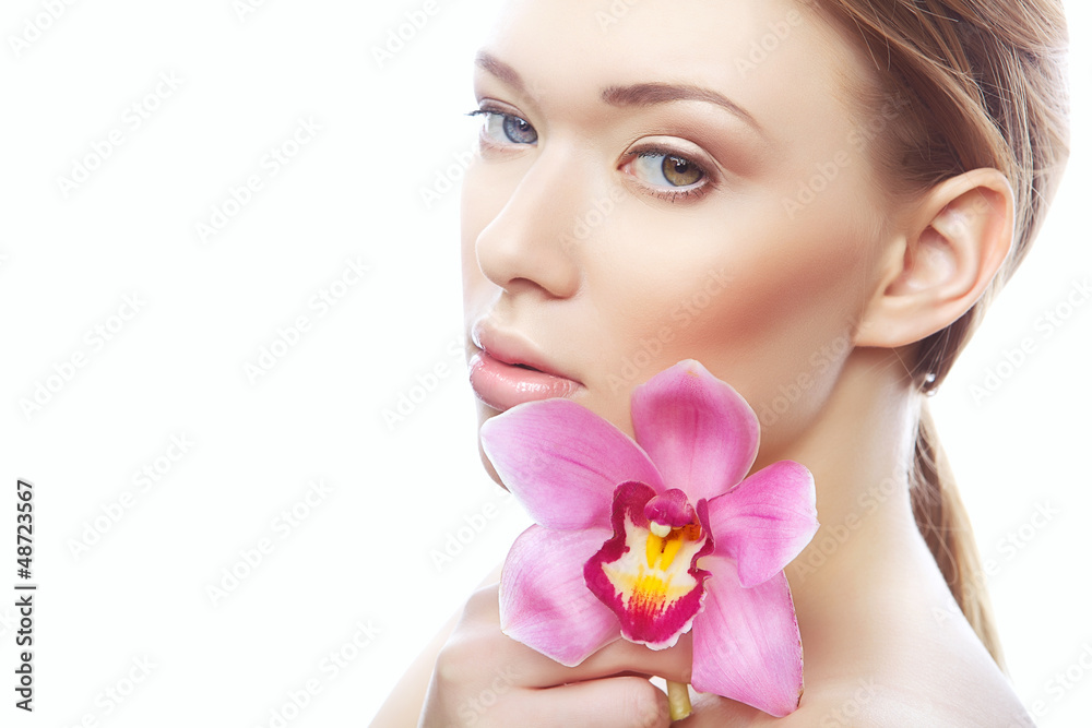 beautiful woman with pink flower
