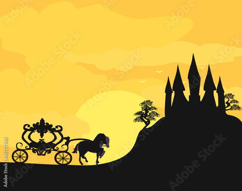 Carriage at sunset. Silhouette of a horse carriage and a medieva