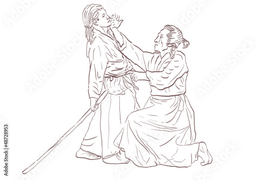 Aikido  Japanese martial art.  Original  hand drawing. 