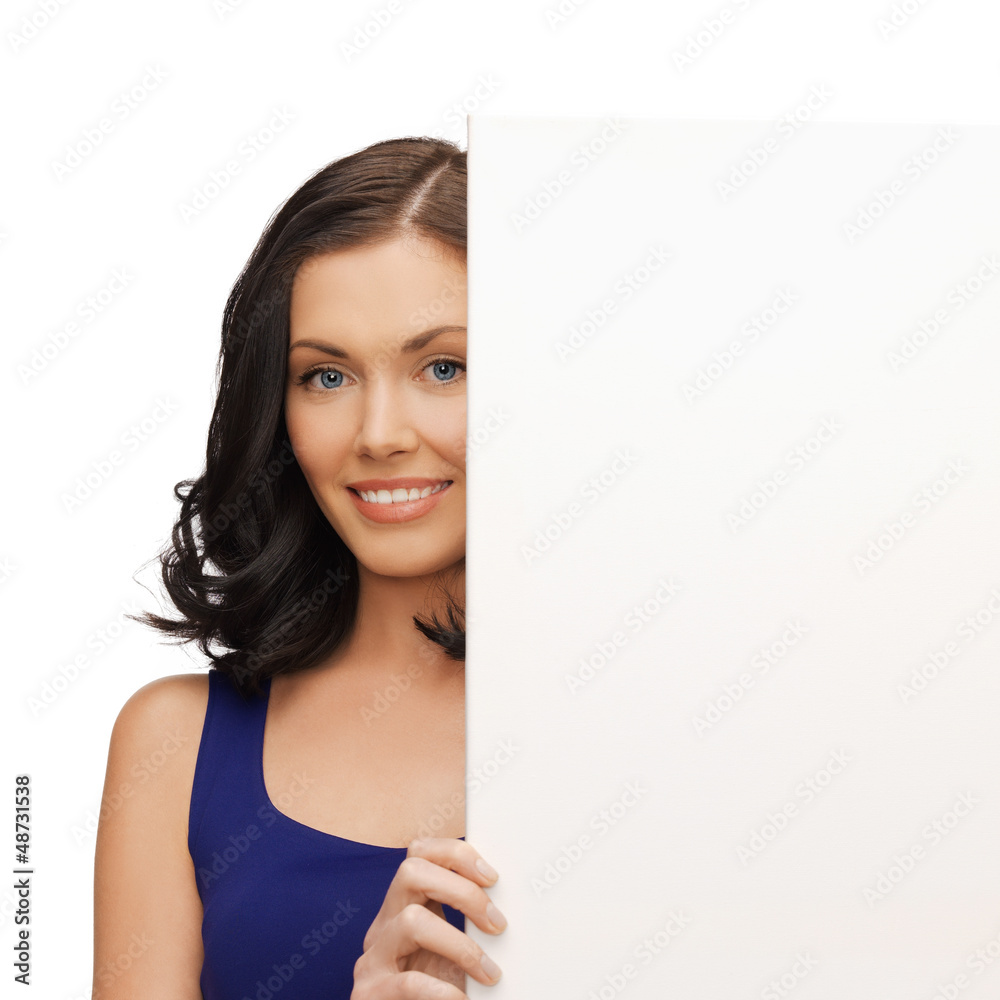 lovely woman in blue dress with blank board lovely woman in blue dress with blank board
