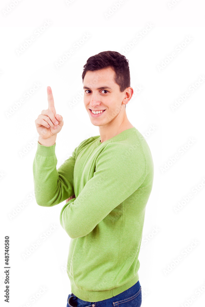 Young casual man pointing up, isolated on white Young casual man pointing up, isolated on white