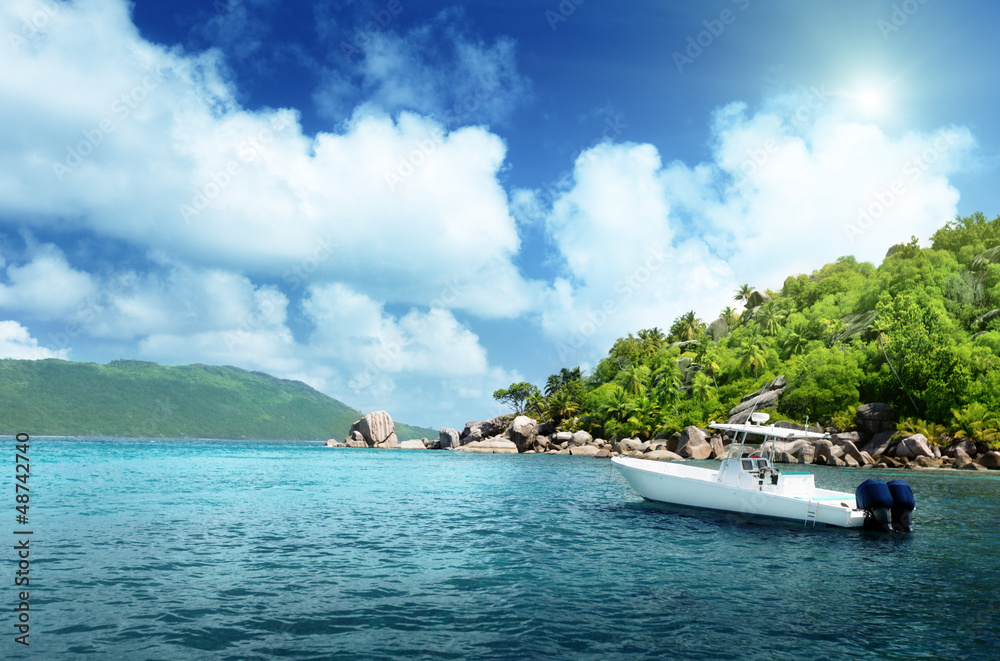 speed boat on the beach of La Digue Island, Seychelles