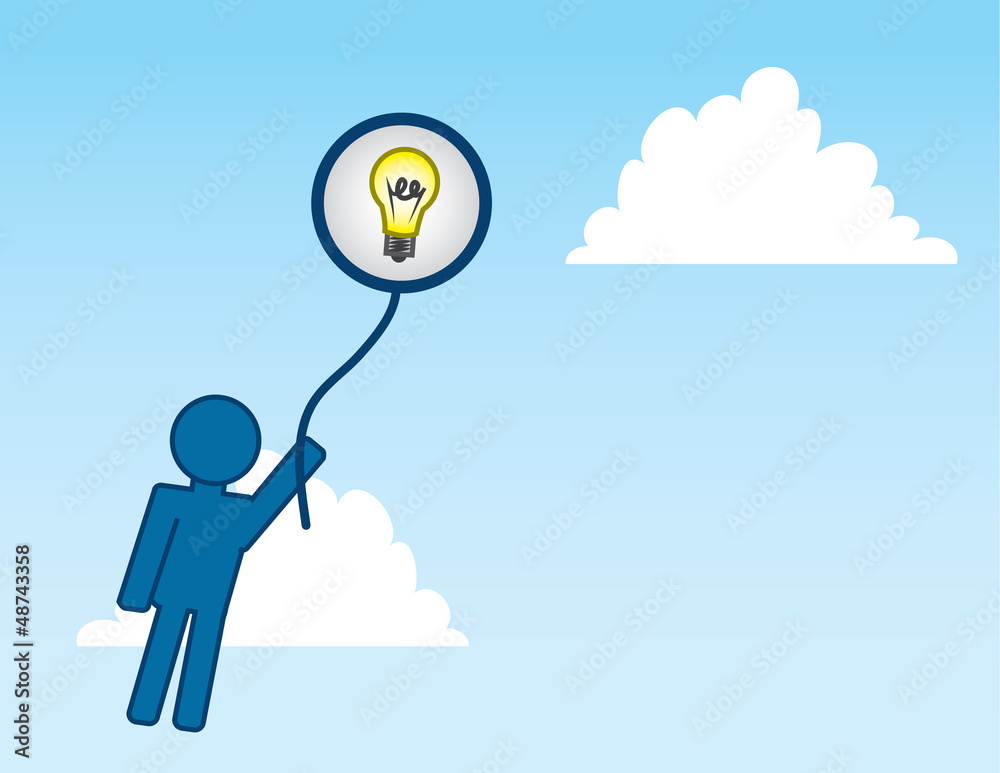 Man holding onto Idea balloon floating into the sky Man holding onto Idea balloon floating into the sky