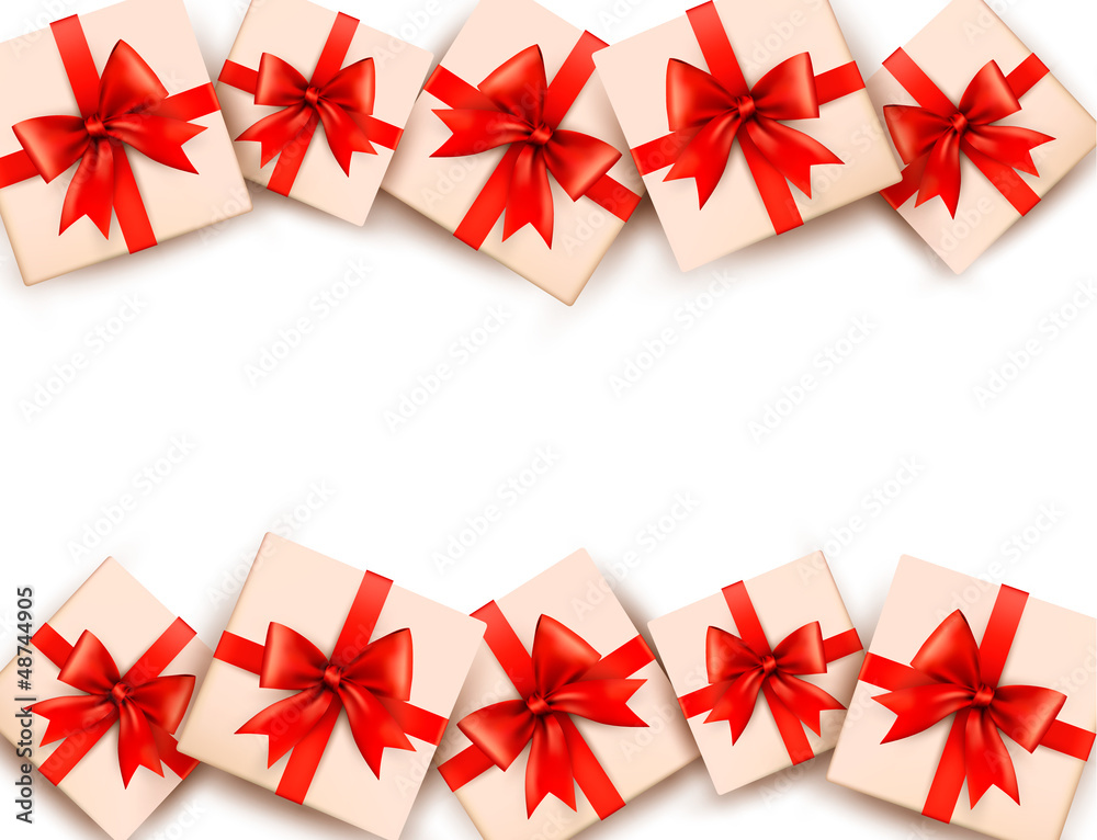 Holiday background with gift boxes and red bows. Vector.