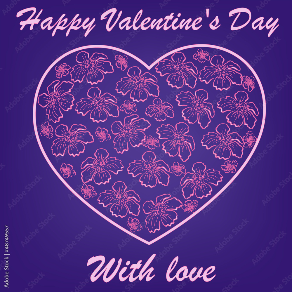 Naklejka premium pink heart with flowers on blue background