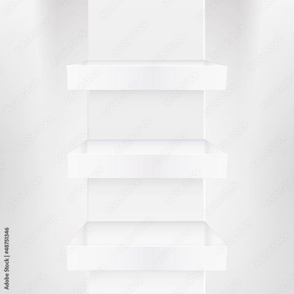 Three white shelves inside a house. Vector design. Three white shelves inside a house. Vector design.