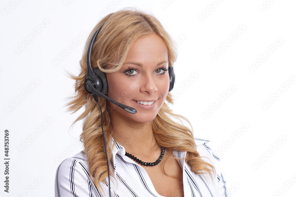 Blonde help desk agent speaking on the phone Blonde help desk agent speaking on the phone