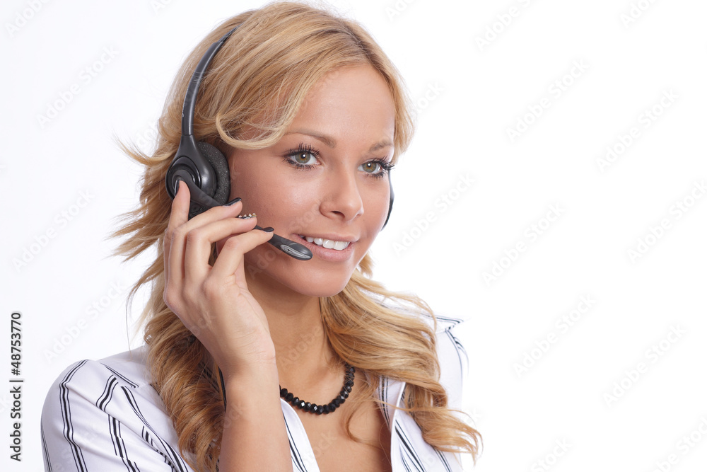 Sales beauty speaking on the phone with headset Sales beauty speaking on the phone with headset