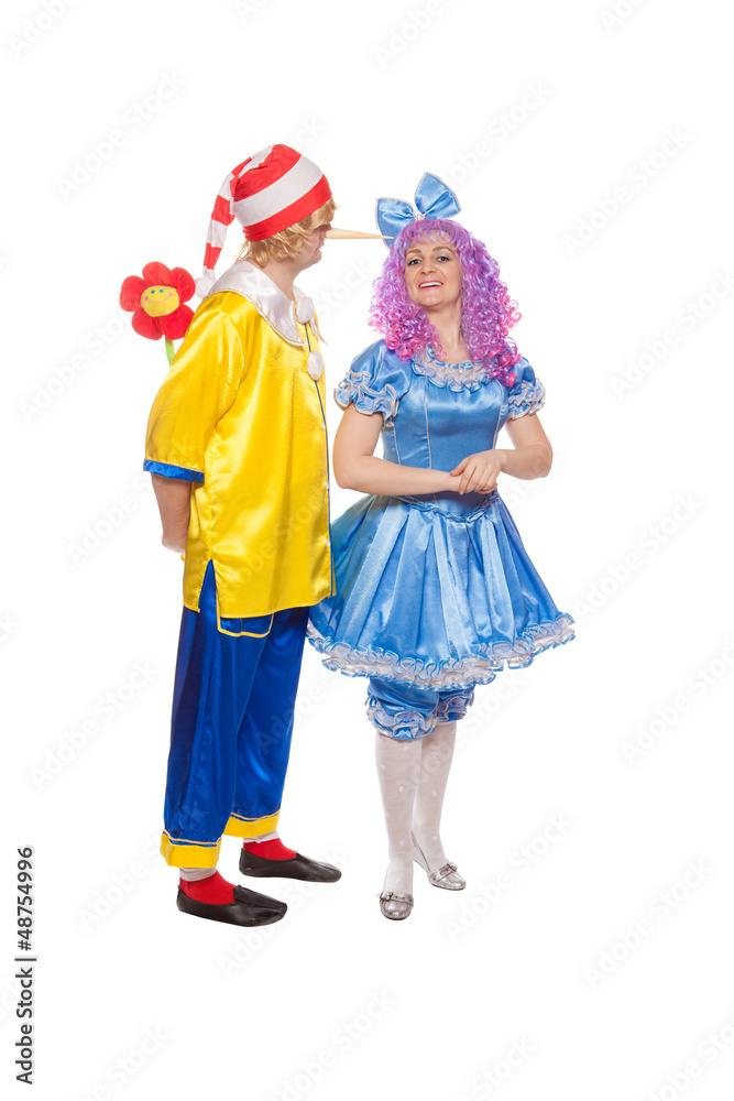 Couple of happy clowns in Pinocchio and Malvina suits.