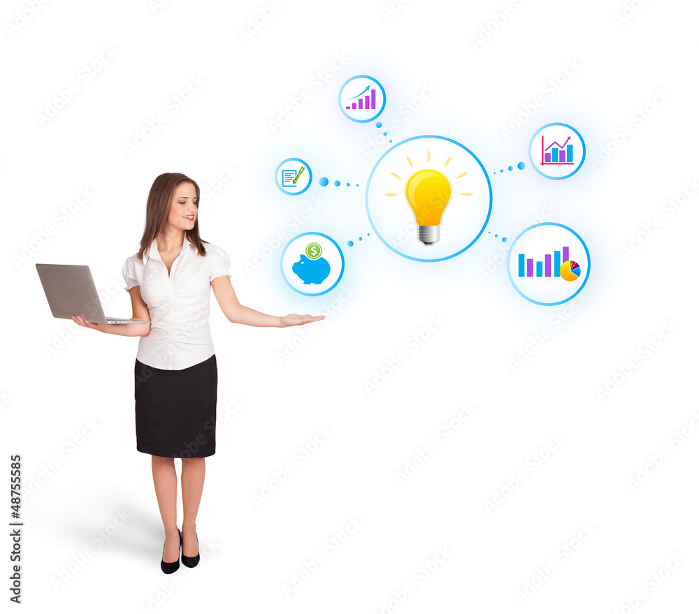 Young woman presenting light bulb with colorful graphs and diagr Young woman presenting light bulb with colorful graphs and diagr