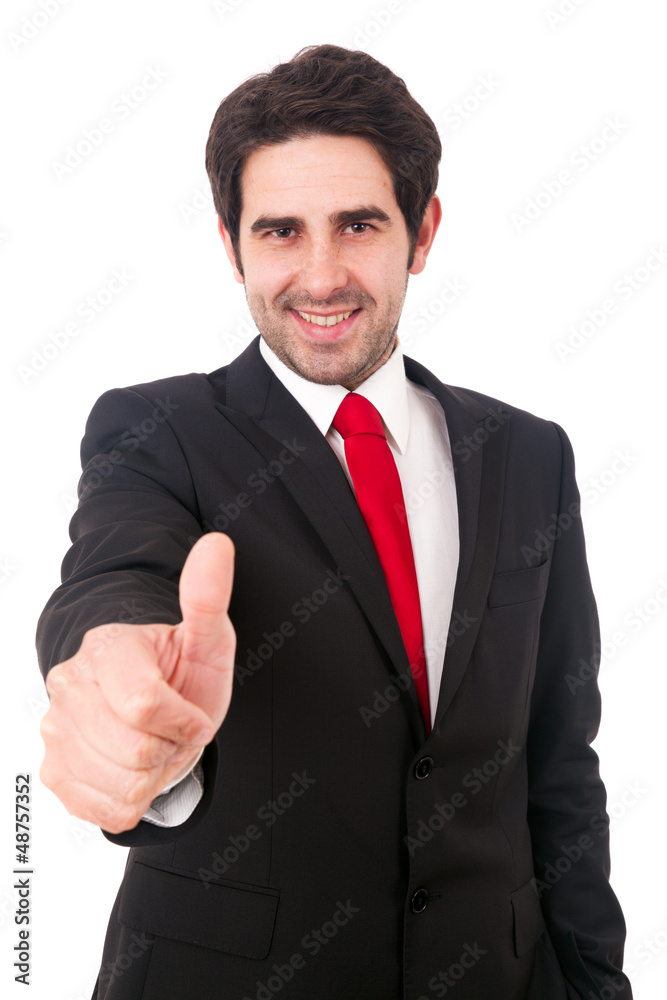 Smiling young business man with thumbs up gesture, isolated over Smiling young business man with thumbs up gesture, isolated over