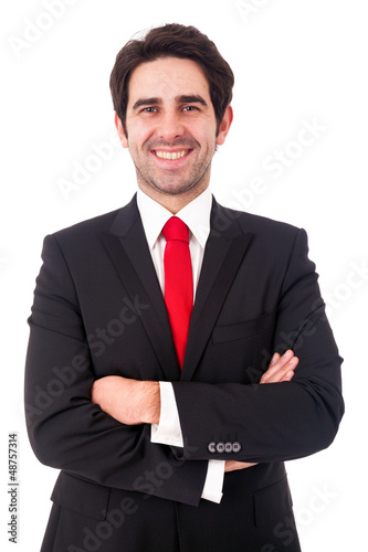 Portrait of a happy smiling young business man, isolated on whit