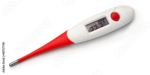 Red thermometer displaying 39,9° grades C (Celsius).