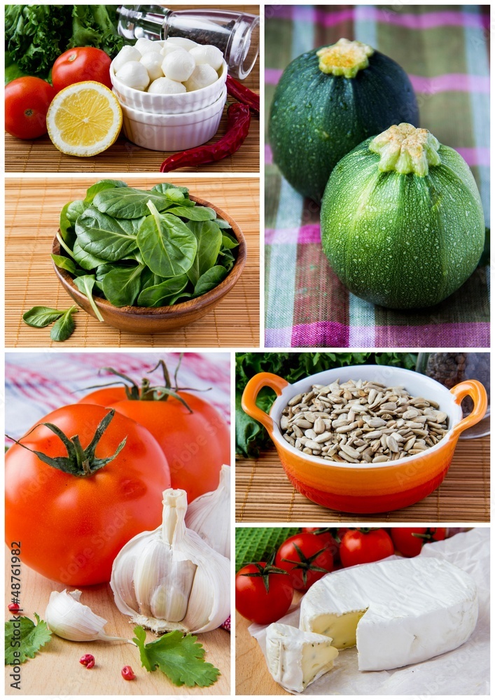 Collage of fresh vegetables and cheese Collage of fresh vegetables and cheese