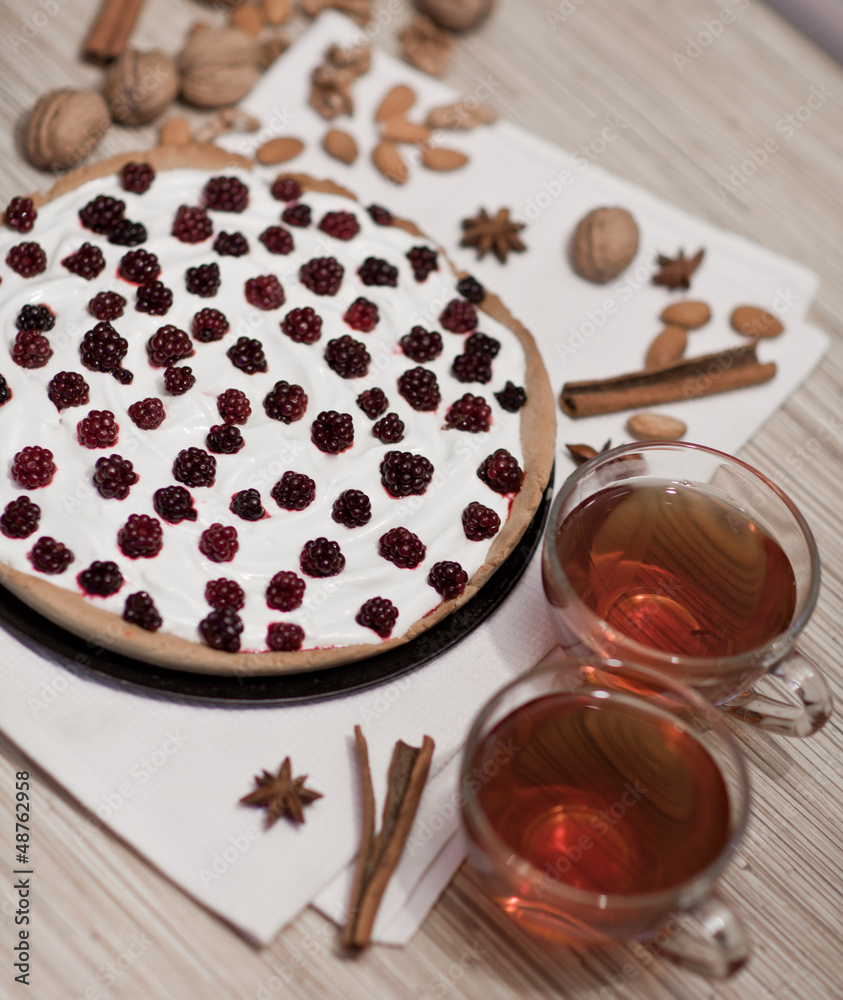 Blackberry Pie Served in a Dish with tea Blackberry Pie Served in a Dish with tea