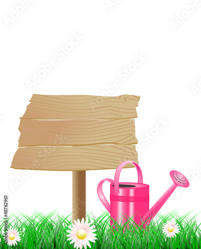 Holzschild im Garten mit roter Gießkanne