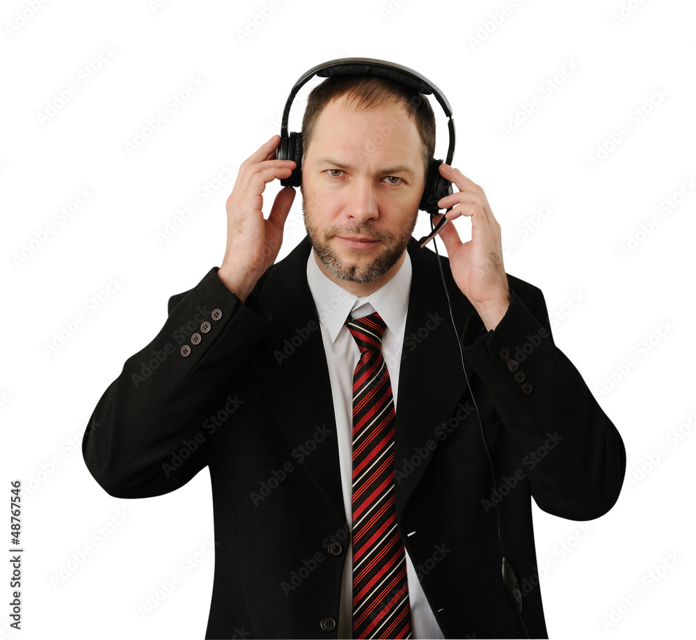 Man in suit with headset isolated on white Man in suit with headset isolated on white