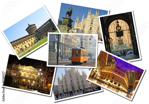 Collage made of postcards of the Milan city, Italy photo