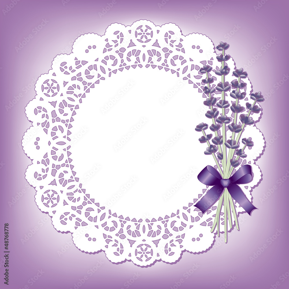 Vintage Lace Doily, Lavender flower bouquet, ribbon, copy space