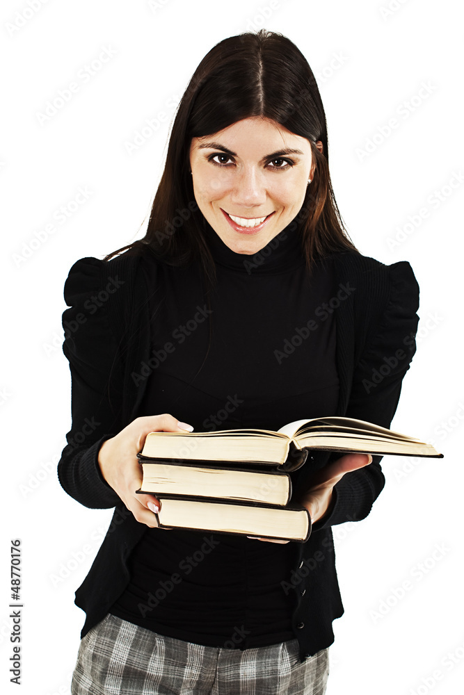 Beautiful student girl with books on white background Beautiful student girl with books on white background