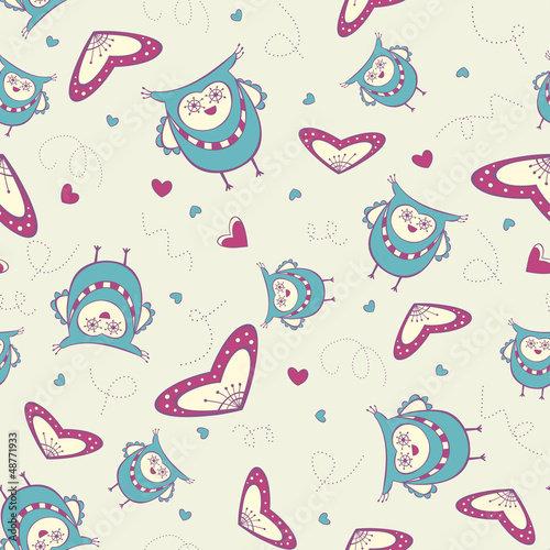 Seamless pattern with owls and hearts