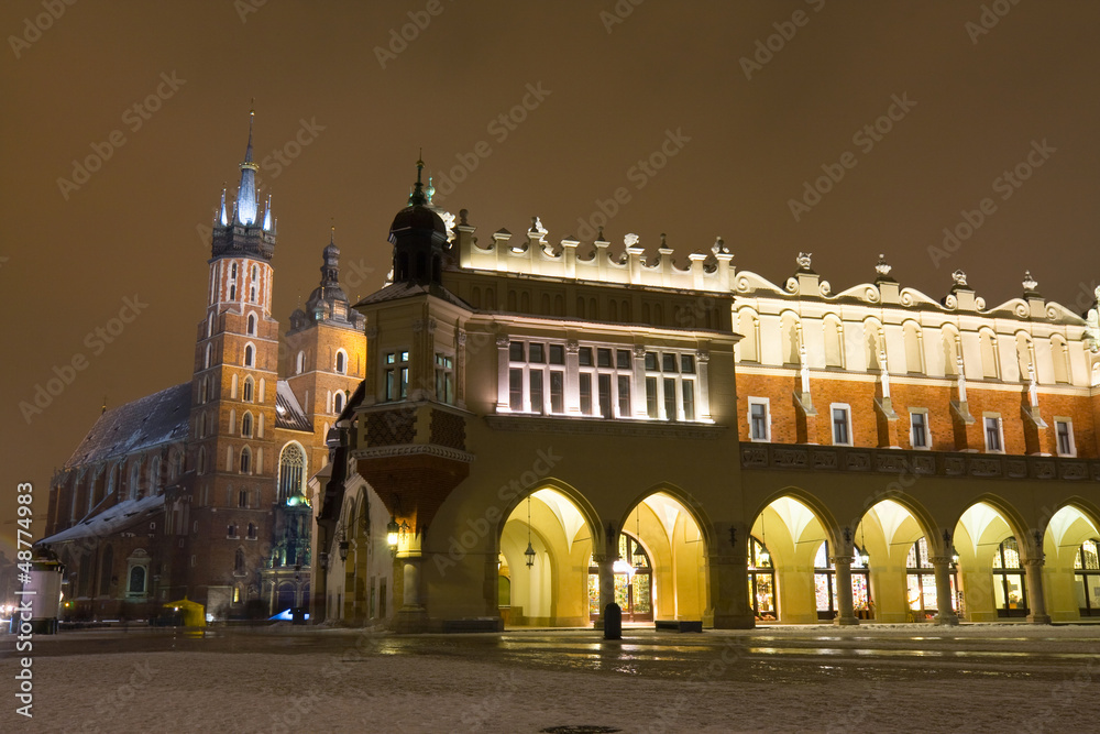 Market Square at night, Poland, Krakow.