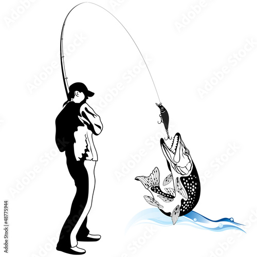 Fisherman caught a pike, vector illustration