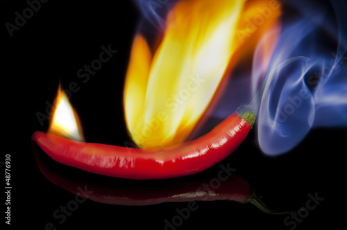 Red hot chilli pepper with flame