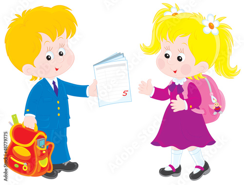 Schoolboy and schoolgirl ta...
