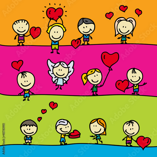 Set of borders with doodle children with love valentine hearts