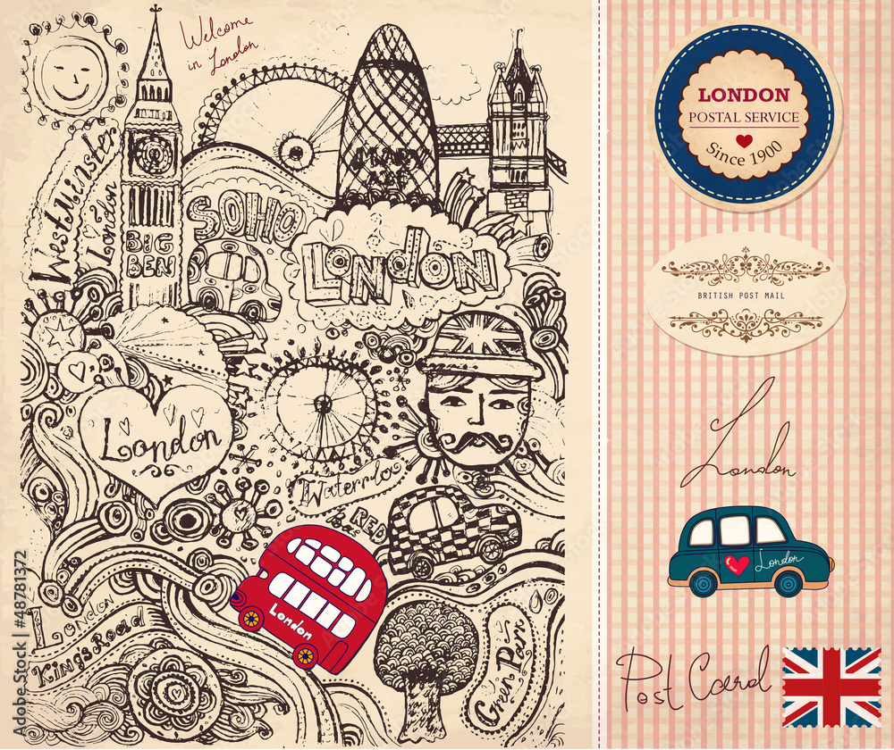Obraz premium Vector hand drawn card with London symbols