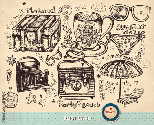 Vector hand drawn card with travel summer symbols