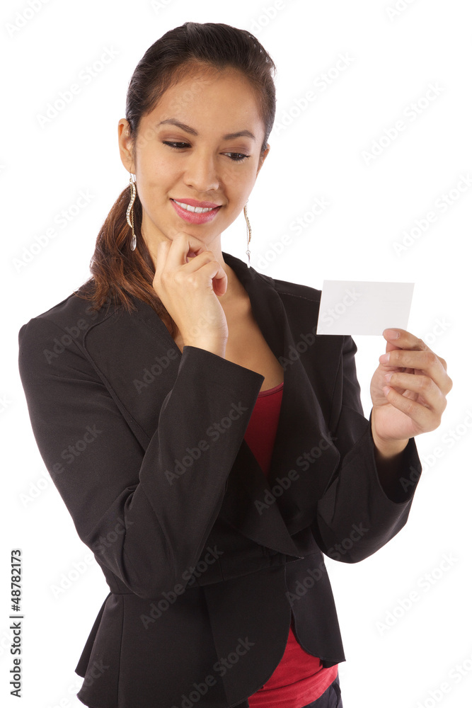 Young business woman with a card Young business woman with a card