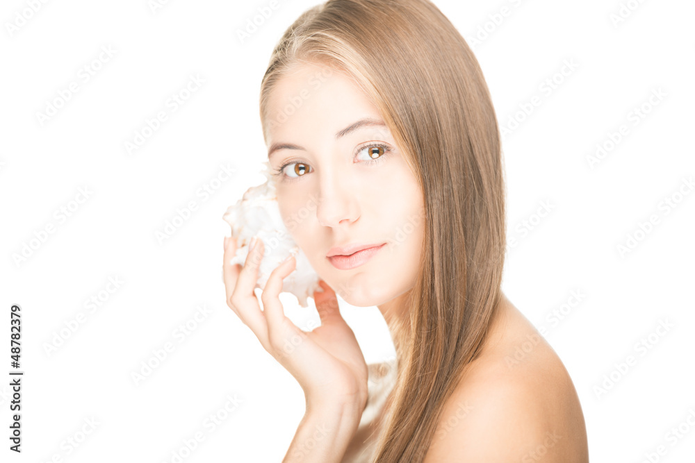 Pretty woman with seashell isolated on white. Pretty woman with seashell isolated on white.