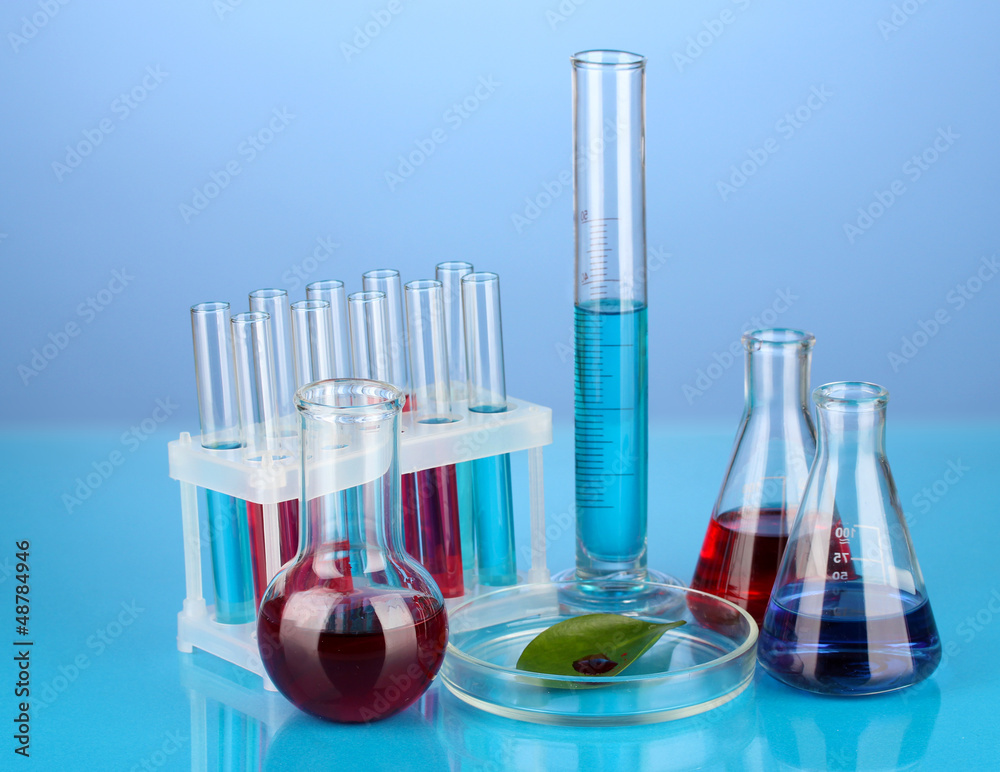 Test-tubes and green leaf tested in petri dish, Test-tubes and green leaf tested in petri dish,
