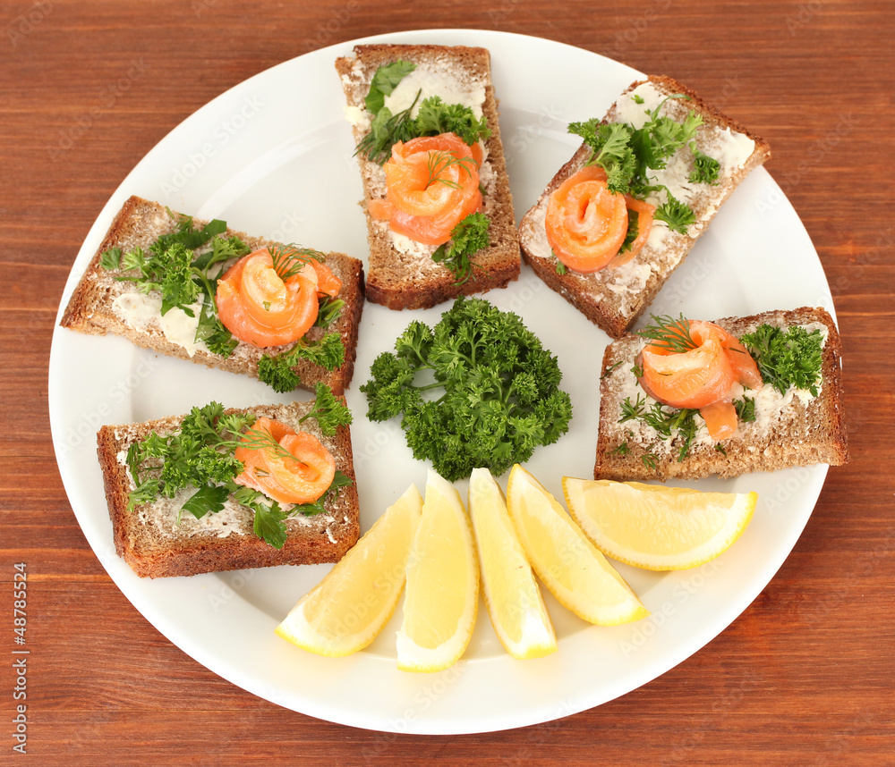 Salmon sandwich on plate,on wooden background