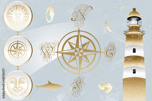 Antique nautical design elements and lighthouse