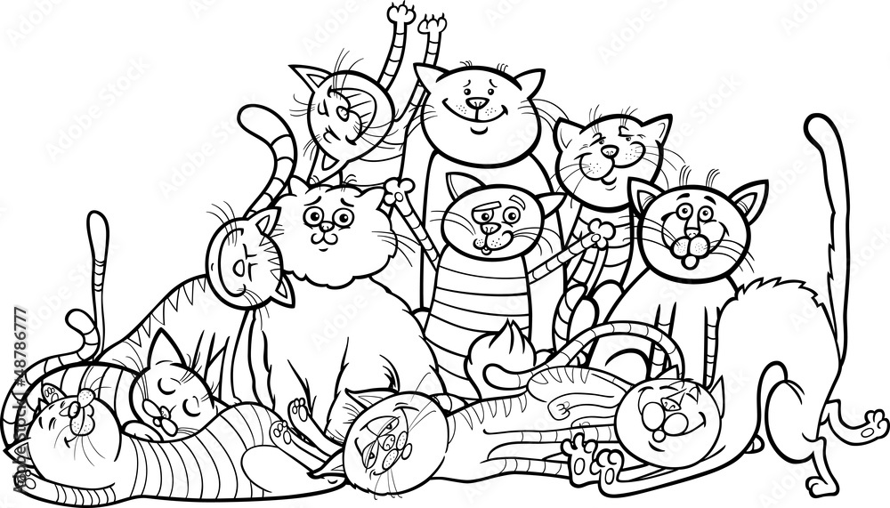 happy cats group cartoon for coloring book